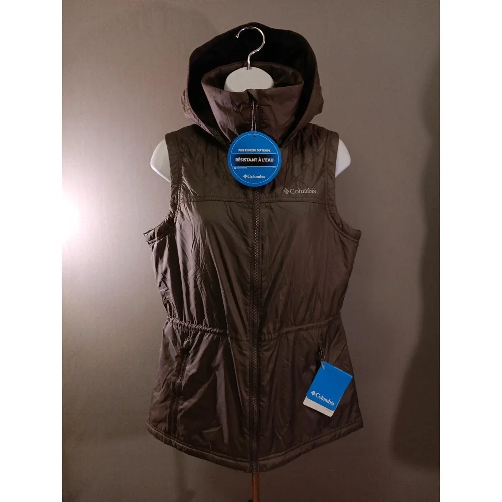 Columbia Gray Zip Up Hooded Insulated Water Resistant Vest Womens Size M Y2K NWT